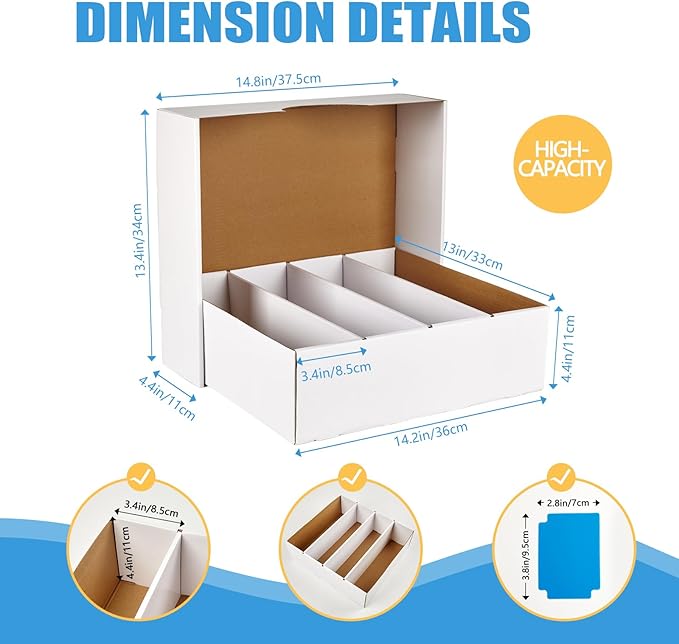 4 Pack Sports Card Boxes 3120 Count Cardboard Card Storage Box White Bulk Card Storage Baseball Card Boxes with 10 Dividers Sports Cards Storage Box for Card Game Baseball Card Storage Boxes