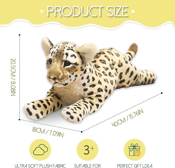 Cheetah Stuffed Animal, 15.8" Leopard Stuffed Animal Cheetah Plush Toy Cute Pillow Giant Realistic Jaguar Plush Stuffy Birthday Gifts for Kids Girls