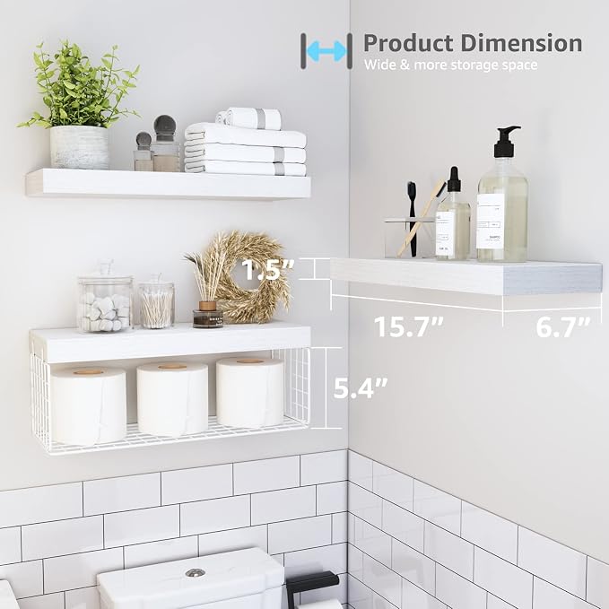 QEEIG Bathroom Shelves Over Toilet - Wall Mounted Floating Shelves Toilet Paper Storage Small Farmhouse Decor Shelf 16 inch Set of 3, White (019-W3)