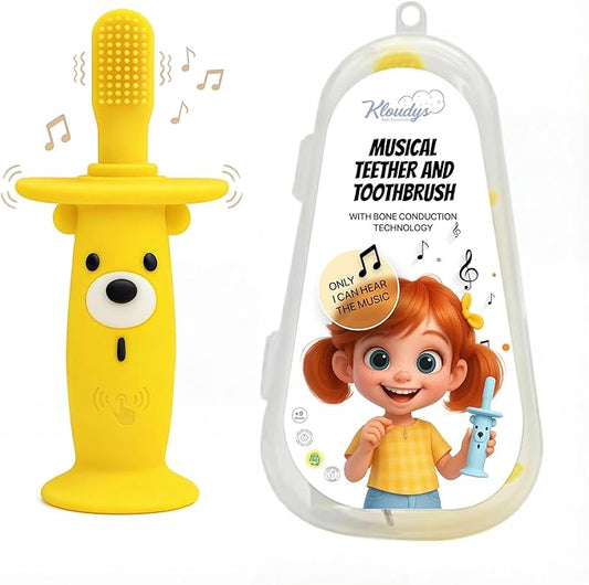 Vibrating Baby Teether & Toothbrush l Teething relief & Bone conduction music l Soft BPA-Free Silicone baby teethers, oral sensory chew toys for kids & babies,Teething Toys 9-24 Months, Yellow