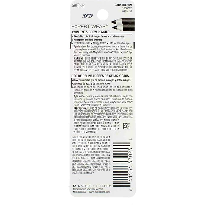 2 Packs - Maybelline New York Expert Wear Twin Brow & Eye Liner Pencils Dark Brown - 4 Pieces