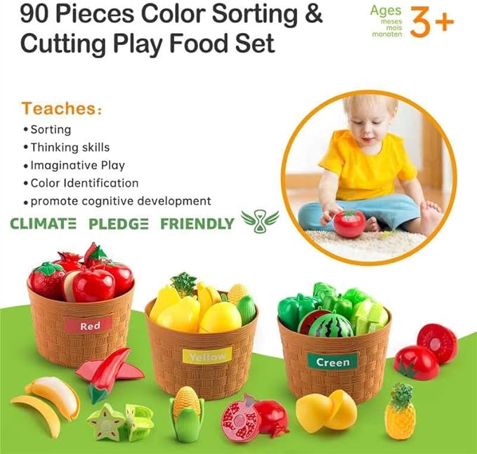 90Pcs Kitchen Playset Accessories, Pretend Cooking with Pots, Pans, Cookware, Food, Fruit, Veges, Color Sorting Baskets, Prop Money, Learning Gift for Girls Boys Toddlers (Blue)