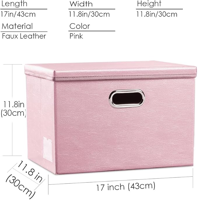 Large Stackable Storage Bins with Lids [5-Pack] Leather Fabric Foldable Storage Boxes Organizer Containers Baskets Cube with Cover for Bedroom Closet Office Nursery Pink (17.7x11.8x11.8)