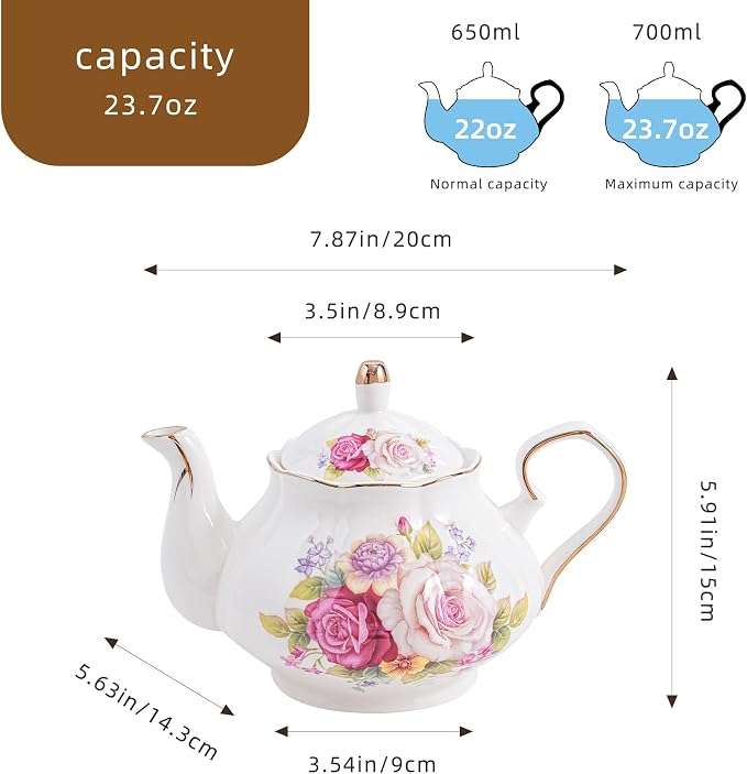 Agyiuns Flower Ceramic Teapot,22oz Porcelain Tea pot for Tea Coffee Milk for Office Home Men Women as Gift (Rose)