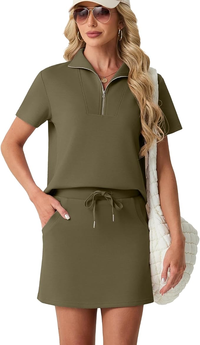 GRECERELLE Women's Summer 2 Piece Skort Set Half Zip Short Sleeve Top & Pocketed Tennis Skirt For Sports & Vacations.