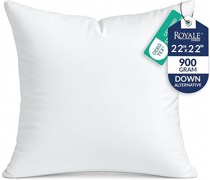 ROYALE LINENS 22 x 22 Pillow Insert - Down Alternative Throw Pillows Insert - Square Pillow Pack of 1 White - Bed & Couch Pillows - Inner Cushion for Bed, Cushion for Living Room - Shams Stuffer