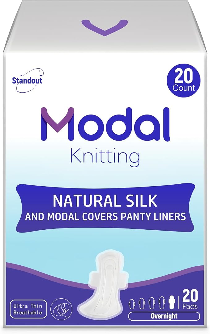 Modal Sanitary Pads for Women, Natural Silk and Modal Cover-Heavy Absorbency, Ultra Thin Breathable Pads with Wings, Unscented Sanitary Napkins(Overnight,14.1 Inch, 20 Count,Packaging May Vary)