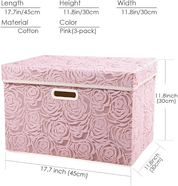 Larger Collapsible Storage Boxes with Lids Fabric Decorative Bins Cubes Organizer Containers Baskets Handles Divider for Bedroom Closet Living Room Pink 17.7x11.8x11.8 Inch 3 Pack