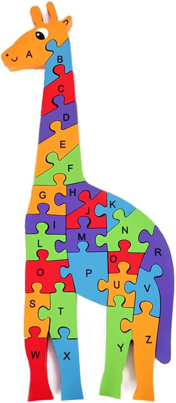 LovesTown Wooden Alphabet Puzzle for Kids, Learning Toy, Giraffe Montessori ABC Educational Letter and Number Jigsaw for Toddlers