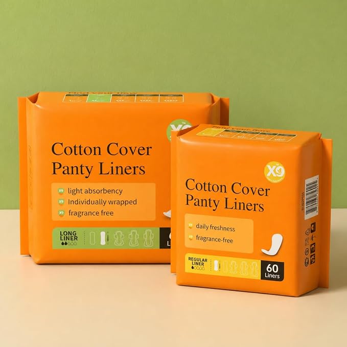 X9 Cotton Cover Panty Liners for Women, Long, 60 Count | Fragrance-Free, Light Absorbency, Soft Cover
