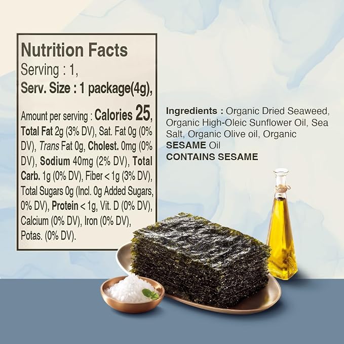 Roasted Seaweed Snack [Sea Salt | Pack of 12] Crispy Korean Laver Sheets | Vegan | Gluten-Free Nori | Low-Calorie | Perfect for Sushi, Rice Bowls, Snacks, Lunchboxes, Picnics, Plant-Based Korean Seaweed Chips - O’food