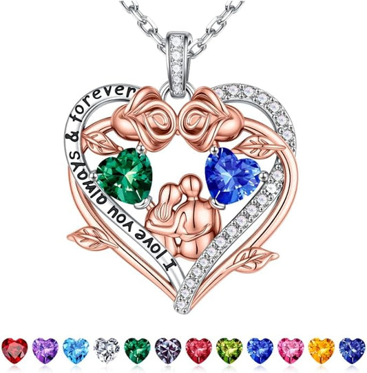 Iefil Valentines Gifts for Her Wife - 925 Sterling Silver Double Heart Birthstone Necklace, Anniversary Birthday Gifts for Women Wife Girlfriend