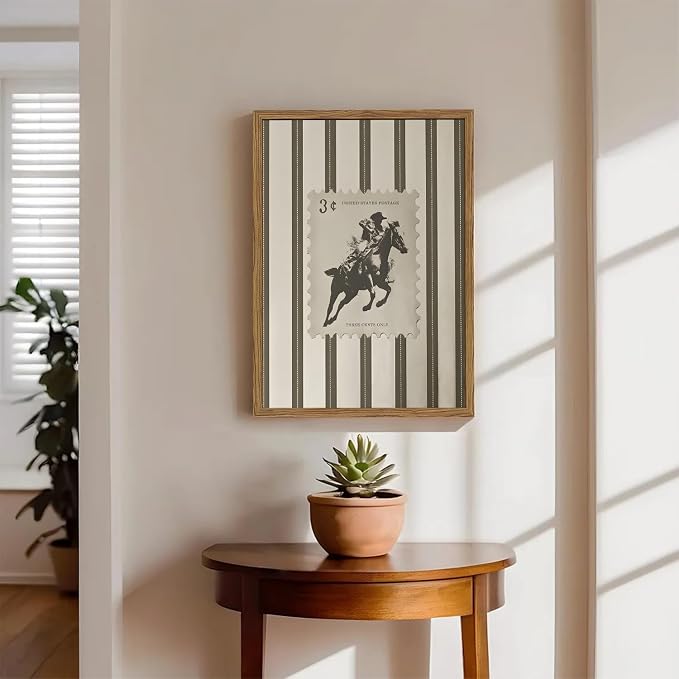 Vintage Western Wall Art Southwest Cowboy Wall Decor Pictures Mid Century Southwestern Striped Cowboy Riding Horse Poster Canvas Prints for Bedroom Living Room 12x16 inch Wood Framed