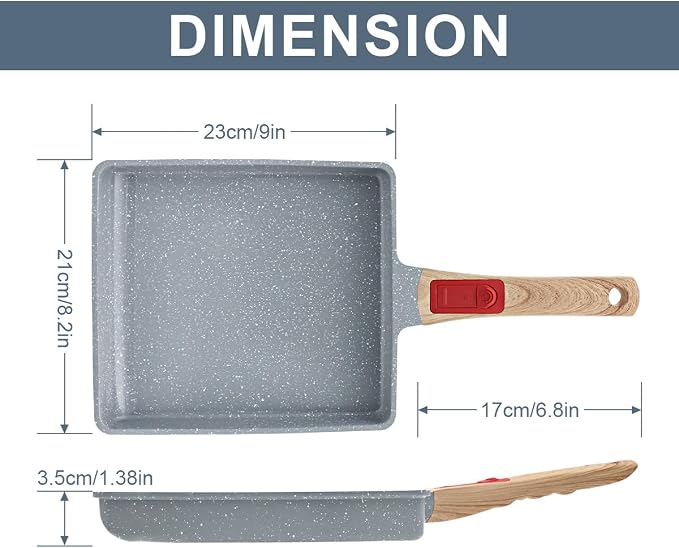 AIKENBBKK Tamagoyaki Pan Ceramic, Japanese Omelette Pan Nonstick, Japanese Egg Pan, Square Egg Pan, Induction-Ready, Detachable Handle, with Silicone Spatula, PFAS&PFOA-Free,Oven Safe,Blue,9"x8.2"