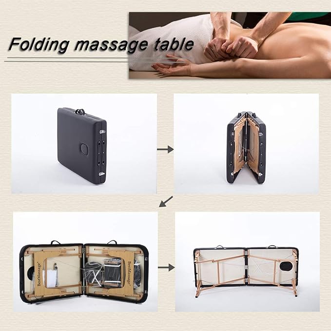 BestMassage Massage Bed Portable Massage Table 28 inch Wide Lash Bed Height Adjustable PU Leather 2 Folding with Towel Hanger Oil Pouch Half Bolster Round Bolster Non-Woven Bag