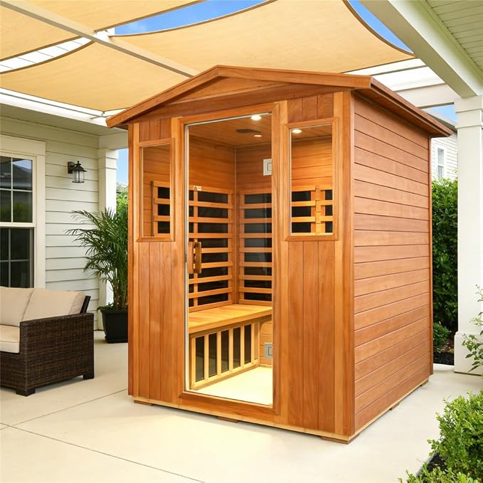 Kanlanth Outdoor Sauna 4 Person Low EMF Far Infrared Sauna for Home, 2050W Mahogany Wooden Sauna Room for Outdoor Indoor Home, with Blue-Tooth, LCD, LED