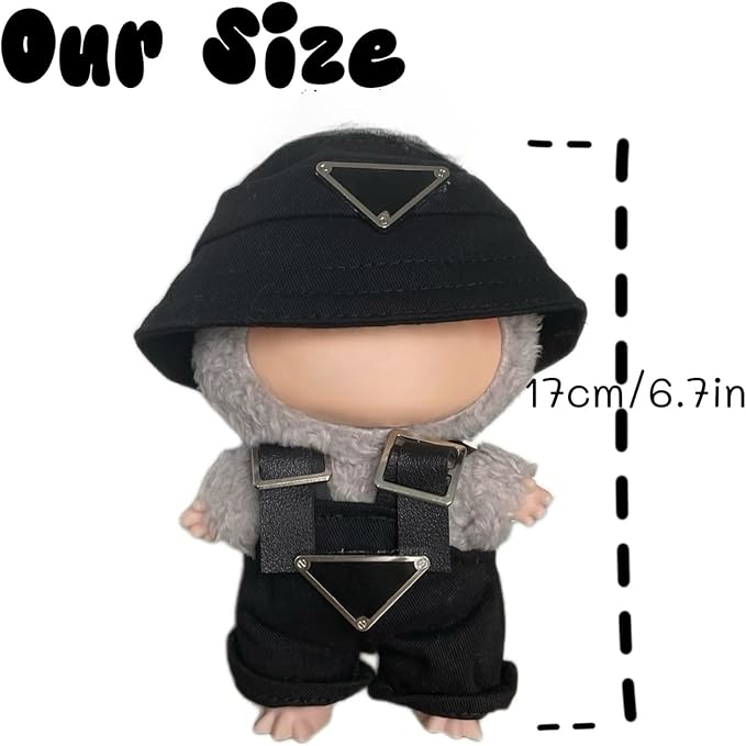 Clothes for 17cm Dolls(NO Doll)，Premium Handmade Clothes，Adjustable Kawaii Outfits for Clothes Set，Dolls Keychain Accessories，Bucket Hat+Overalls (Black)