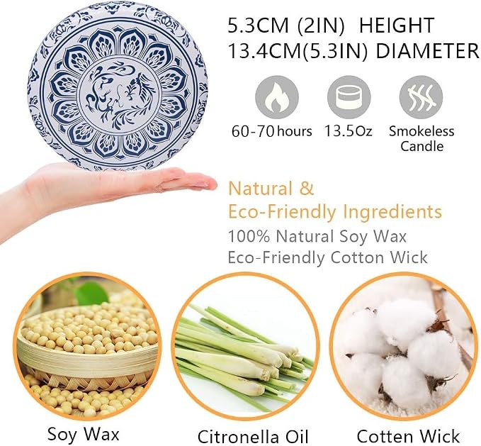 Citronella Candles Outdoor, Large 3-Wick 13.5oz Soy Wax Candle in Blue and White Container for Summer Patio Porch, 3 Packs
