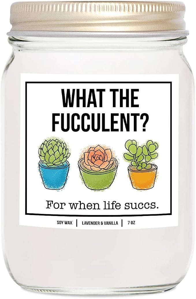 You Nique Designs What The Fucculent, 7 Ounces, Succulent Gifts, Plant Candle, Pick Me Up Gifts for Women, Stress Relief Candles, Relaxing, Soy Aromatherapy Candle (Lavender & Vanilla)