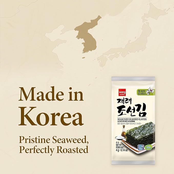 Wang Korean Seaweed Snacks Original, Crispy Roasted Seaweed Sheets | Healthy Sea Weed Snack, Keto, Vegan, Gluten-Free, Pack of 16