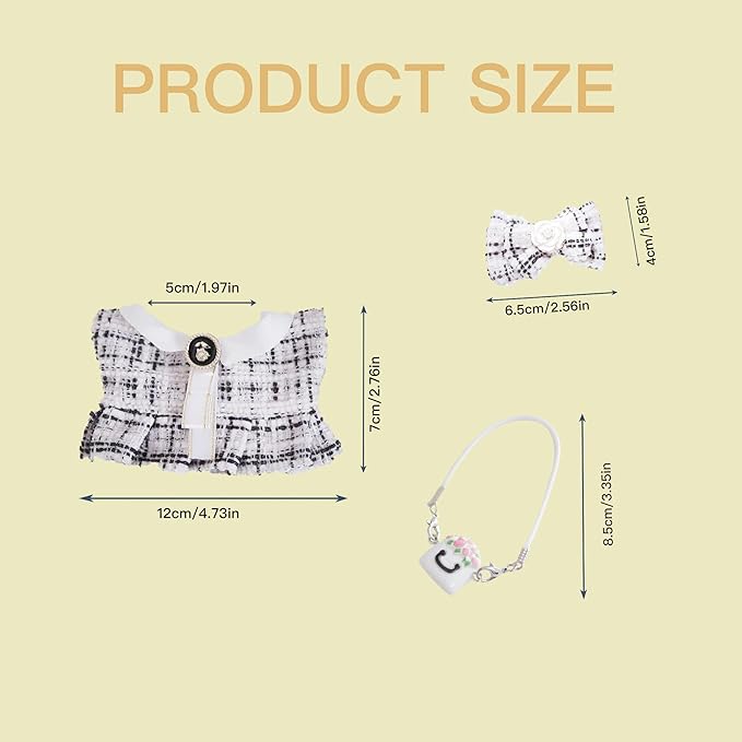 17cm Doll Clothes Set and Accessories Suit,(NO Doll) 3-Piece Set, Outfits for Clothes Set, Dolls Keychain Accessories, Includes Dress, Matching Hair Bow, Bags(White)