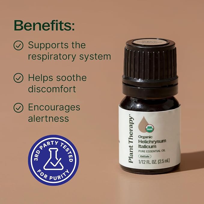 Plant Therapy Organic Helichrysum Essential Oil (Italicum), 2.5 mL (1/12 oz), 100% Pure, Undiluted, USDA Certified Organic, Great for Skincare, Diffusion, and Aromatherapy
