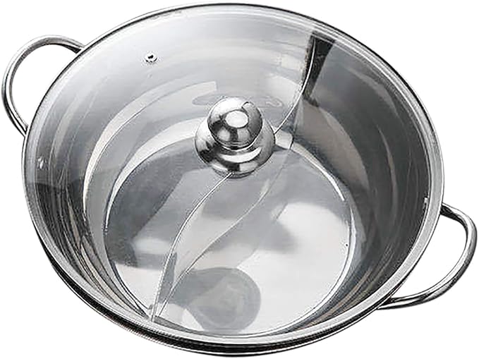 Shabu Shabu Hot Pot 12" Stainless Steel Hot Pot Pot with Glass Lid, Dual Side Split Pot Korean Ramen Pot for Induction Cookers, Gas Stoves, Electric Stoves, Ceramic Stoves