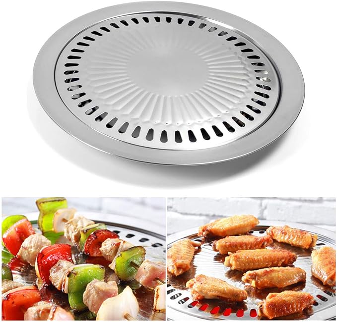 Korean Style Stovetop, Stainless Steel Non-Stick Roasting Barbecue Grill Pan, Round Smokeless Barbecue Grill Pan for Indoor Outdoor Camping BBQ 30cm x 30cm
