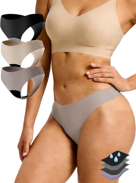 Seamless Thong Period Underwear for Women Teens Light Flow Moisture Wicking Side Leak Prevention Panties 3 Pack