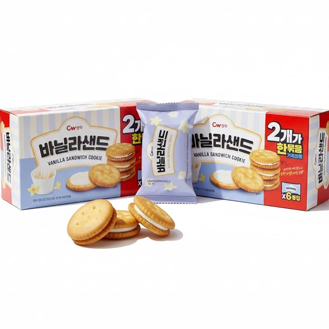 Korean Food CW Vanilla Sandwich Cookies Sweet Vanilla Cream 12 Packs 360g | Crispy sandwich cookies filled with sweet vanilla cream. Family pack includes 12 individual snack packs, 360g total.