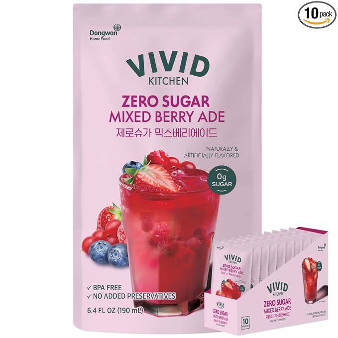 VIVID KITCHEN | Mixed Berry Ade Pouch drinks – Zero Sugar, Zero Calories | Korean Convenience Store Drink | No Artificial Preservatives or Corn Syrup | 6.4 fl oz (10 Pouches) (10 Pouch, Mixed Berry Ade)