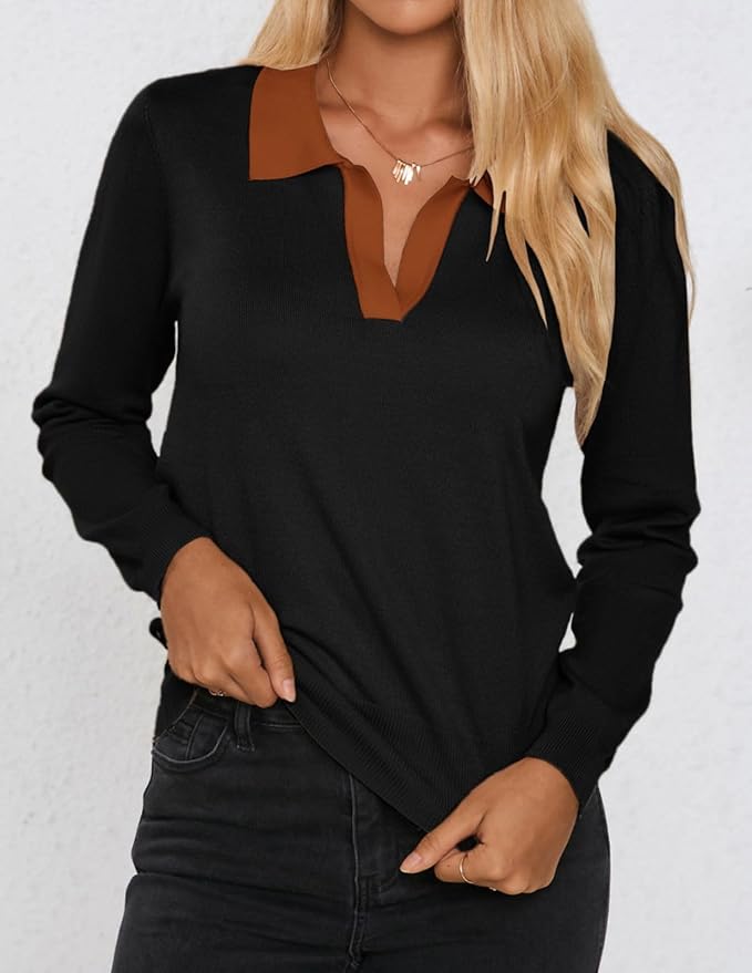Women's Long Sleeve Classic V Neck Casual Fall Winter Polo Sweater Tops | Basic Collared Knitted Fashion Work Business Formal Daily Wear Versatile Pullover Shirts