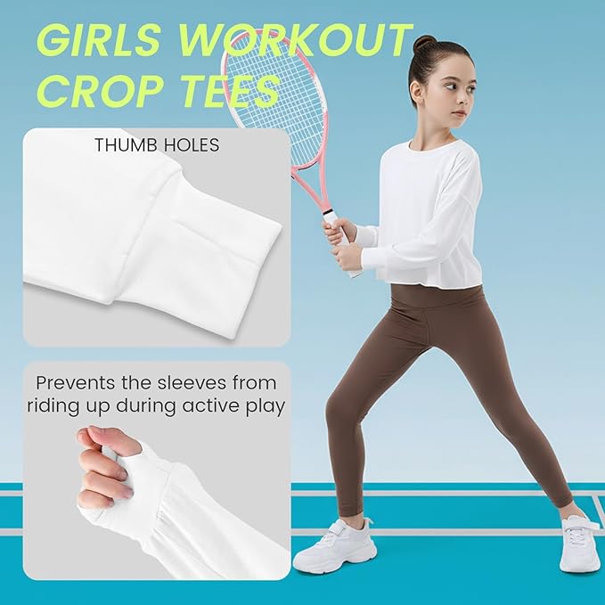 Gogokids Girls Shirts Long Sleeve Athletic Shirts Open Back Tops Active Sports Tshirts Yoga Workout Crop Tees 5-14 Years
