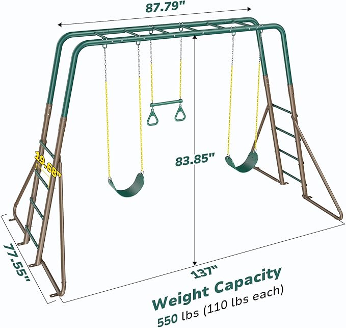 Hapfan Swing Sets for Backyard with Monkey Bars, Trapeze Bar & 2 Belt Swings, Heavy Duty Metal Playground Sets for Kids, Outdoor Jungle Gym Playset (Green & Brown)