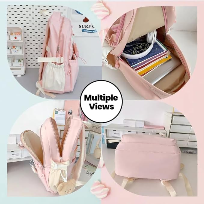 Kawaii Backpack Double Shoulder Bag with Cute Star Removable Pouch Clear Pocket Large Capacity Dopamine Colors Daypack (Clear Pink)