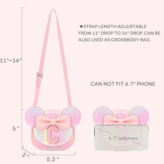 mibasies Toddler Purse Girl Gifts: Girls Birthday Gifts for 3-8 - Toys for Ages 2-4 Girls Mouse Ears Purse, Glitter Rainbow, Letter C