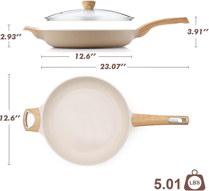 SENSARTE 12.5inch Ceramic Nonstick Frying Pan Skillet with Lid, Taupe | Non Stick Omelet Pans, Non-toxic Healthy Kitchen Cooking Chefs Pan, PFOA/PFAS/PTFE Free, Induction Compatible
