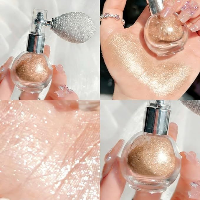 Champagne Face and Body Highlighter Spray for Natural Glow Makeup, 0.14oz | High Gloss Powder, Waterproof Shimmer Spray for Women Mardi Gras Singer Concert Music Rave Festival Outfits Accessories
