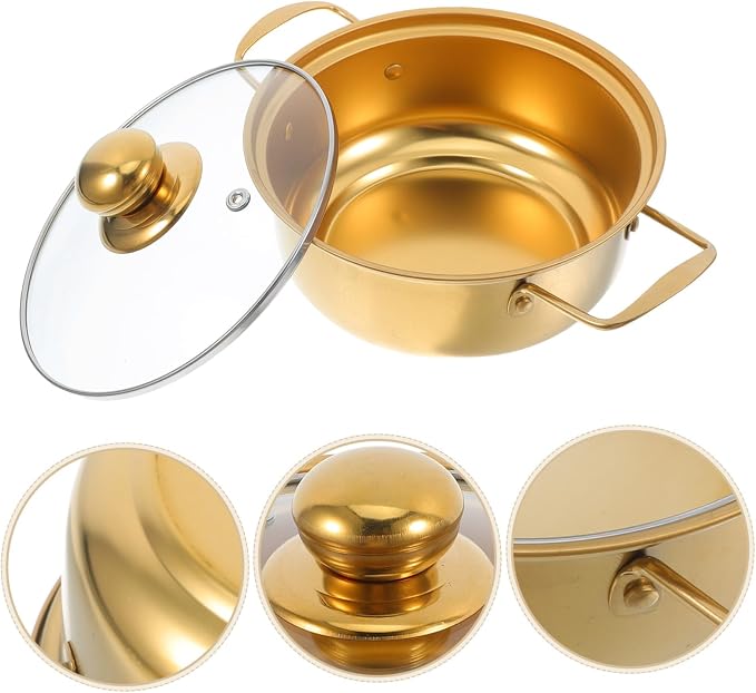 1 PCS Korean Ramen Pot, Stainless Steel Induction Cooking Pot with Glass Lid, Golden Soup Noodle Pan with Dual Handles, Metal Small Saucepan for Boiling Ramyun, Broth for Home Kitchen