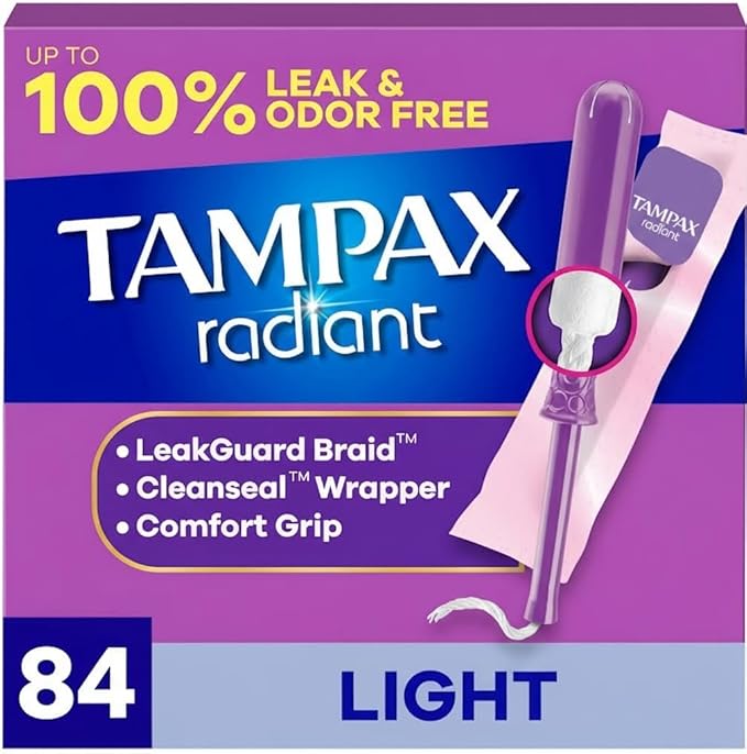 Tampax Radiant Tampons, with LeakGuard Braid, Light Absorbency, Up to 100% Leak and Odor Free Protection, Unscented, 84 Count (3 Packs of 28)