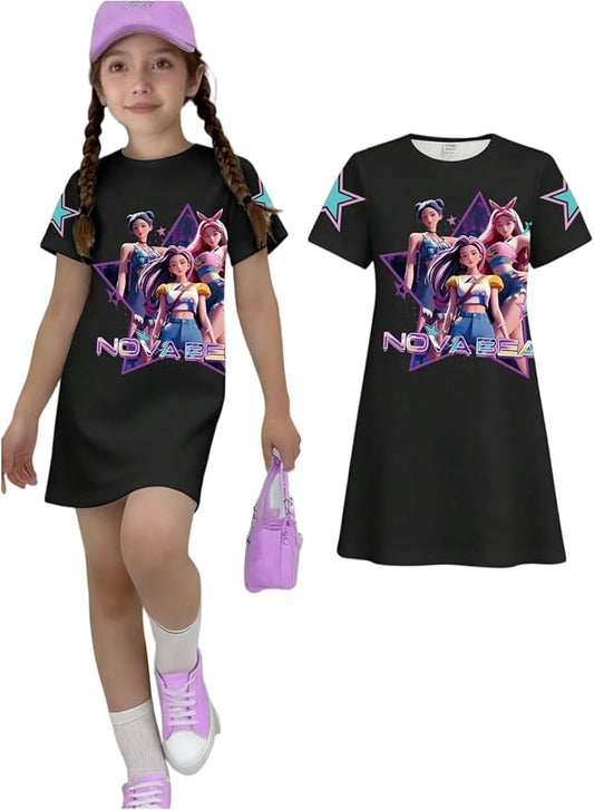 Girl's Anime K-POP Graphic Long Dress T-Shirt - Casual Loose Fit Short Sleeve Top