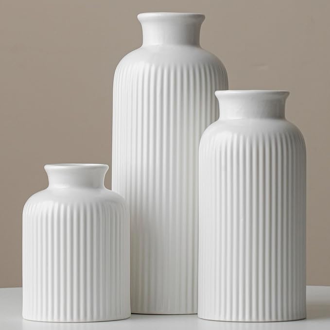 Large Modern Ceramic Vase Set, White Ribbed Matte Design, 10 Inch Tall, 4 Inch Width, 3-Piece Decorative Vases for Home, Living Room, Office (XL Matte Glaze White)