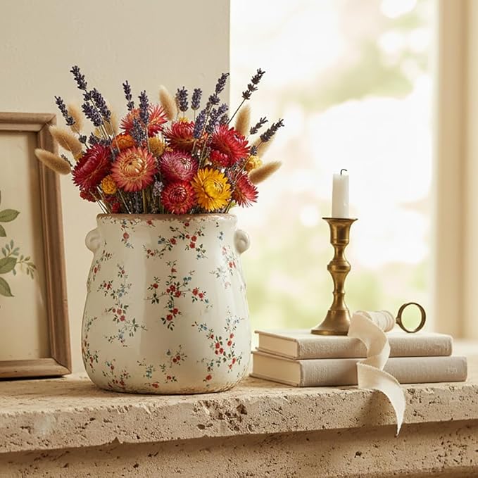 Shabby Chic Vase & Flower Pot with Drainage, 6.68" Ceramic Vases Pottery | Indoor/Outdoor Planter, Country Chic Decor, Perfect for Office Room Garden Balcony Mantel Fireplace Table & Shelf, Red Floral