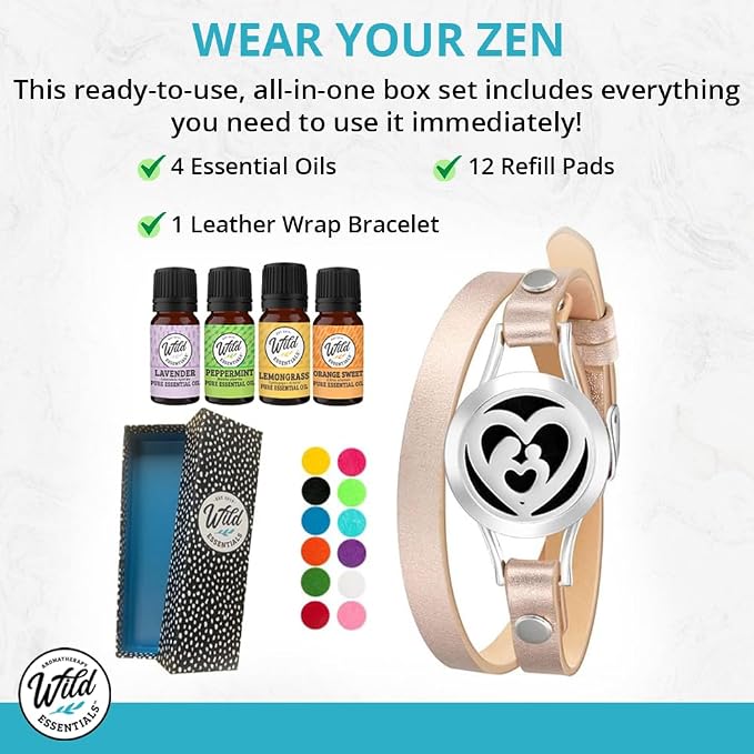 Wild Essentials Peace Sign Essential Oil Leather Wrap Bracelet Diffuser Kit, Gift Set, Lavender, Lemongrass, Peppermint, Orange Oils, 12 Pads, Customizable Color Changing Perfume Jewelry, Aromatherapy