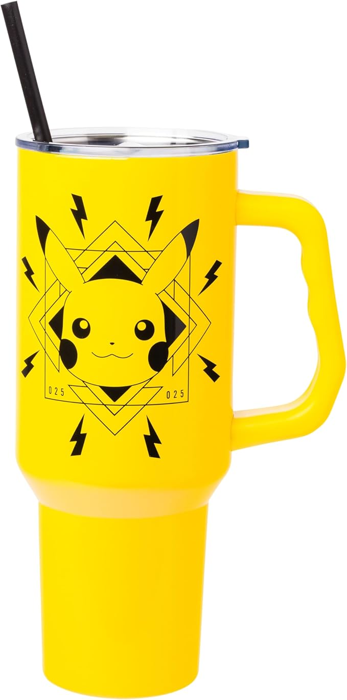 Silver Buffalo Pokémon Lightning Double Walled Stainless Steel Tumbler with Handle Featuring Pikachu, Fits in Standard Cup Holder, 40 Ounces