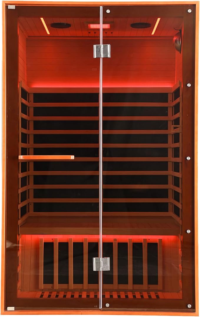 Infrared Sauna Home 2 Person Indoor Sauna Hemlock Wooden Dry Saunas 120V 1920W with Red Light, Oxygen Bar, Cup Holder, Bluetooth Speakers