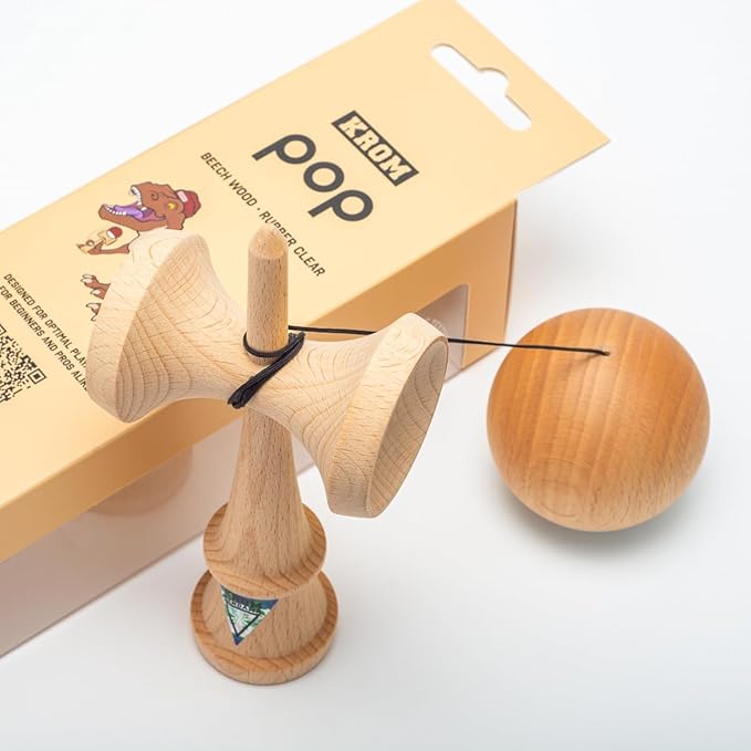 Kendama Toy POP Natural Look - High Wood Quality - Extra Strong - for Beginner and Pro - Gift Pack : Extra String + Stickers