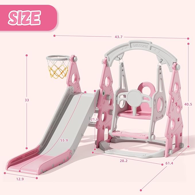 XJD 4-in-1 Toddler Slide and Swing Set, Kids Slide for Toddlers Age 1+, Toddler Outdoor Playset with Basketball Hoop, Swing, Christmas Birthday Gifts for Kids (Light Pink)