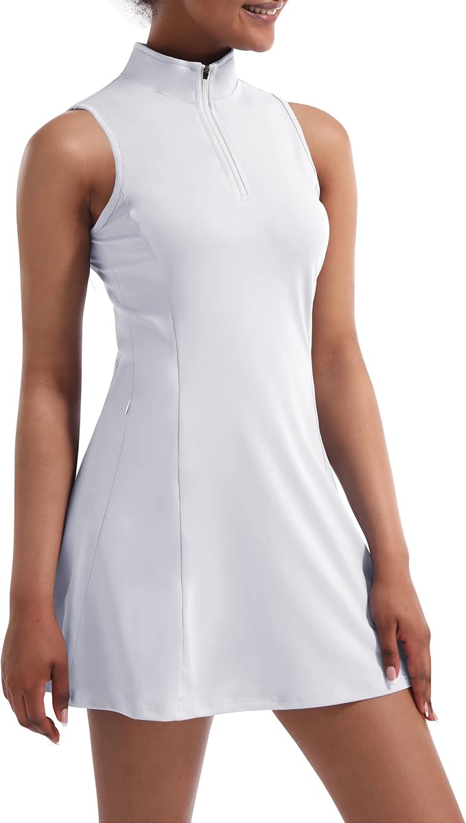 Tennis Dress for Women, Golf Dress with Shorts and Pockets Athletic Dress | Sleeveless Collared Half-Zipper Workout Sport Dress, Stretch Moisture Wicking Fabric, Tennis Golf Outfits