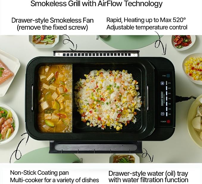 SMART BERRY 3 in 1 Smokeless Electric Indoor Grill, Nonstick Grill/Griddle Plates, Jjamjjapan, Glass Lid, Portable Korean BBQ Grill with 7-Level Control (Jjamjjapan set Black)